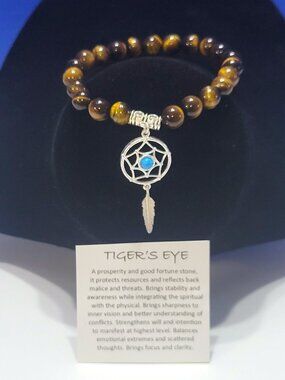 Vintage Natural Tiger's Eye Beaded Bracelet with Dream Catcher Charm